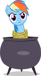 Size: 400x729 | Tagged: safe, artist:sakenichi, rainbow dash, pegasus, pony, cauldron, looking at you, pony as food, rainbond dash, rope, solo, tied up, unsexy bondage