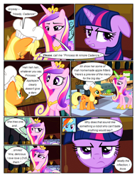 Size: 612x792 | Tagged: safe, artist:newbiespud, edit, edited screencap, screencap, applejack, princess cadance, rainbow dash, twilight sparkle, unicorn twilight, alicorn, earth pony, pegasus, pony, unicorn, comic:friendship is dragons, a canterlot wedding, apple fritter (food), bowing, chef's hat, clothes, comic, dialogue, disguise, disguised changeling, eyes closed, food, freckles, frown, glowing horn, grin, hat, hoof shoes, horn, indoors, jewelry, magic, mouth hold, peytral, puffy cheeks, screencap comic, smiling, suspicious, telekinesis, tiara, tray