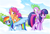 Size: 1207x830 | Tagged: safe, artist:ctb-36, rainbow dash, scootaloo, spike, twilight sparkle, twilight sparkle (alicorn), alicorn, dragon, pegasus, pony, cloud, cloudy, female, mare, nervous, ponies riding ponies, race, riding