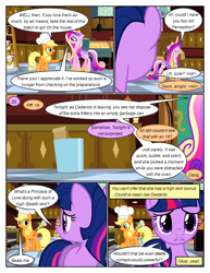 Size: 612x792 | Tagged: safe, artist:newbiespud, edit, edited screencap, screencap, applejack, princess cadance, twilight sparkle, unicorn twilight, alicorn, earth pony, pony, unicorn, comic:friendship is dragons, a canterlot wedding, cake, chef's hat, clothes, comic, confused, dialogue, disguise, disguised changeling, eyes closed, food, freckles, frown, grin, hat, hoof hold, hoof shoes, horn, indoors, jewelry, kitchen, ladder, looking back, magic, mouth hold, oven, paper bag, peytral, screencap comic, smiling, tiara, trash can, tray, wedding cake