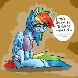 Size: 685x688 | Tagged: safe, artist:goat train, artist:xieril, rainbow dash, pegasus, pony, adorkable, beanbrows, blushing, clothes, colored, cute, dialogue, dork, dorky dash, dressup, egghead, embarrassed, female, glasses, mare, rainbow dash always dresses in style, rainbow dork, shirt, sitting, solo