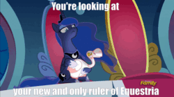 Size: 806x451 | Tagged: safe, edit, edited screencap, screencap, princess luna, alicorn, bird, goose, pony, sparkle's seven, animal, animated, duo, ethereal mane, female, gif, hoof shoes, lidded eyes, luna petting goose, mare, petting, solo, starry mane, text, throne, throne room