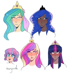 Size: 1280x1370 | Tagged: safe, artist:amyszek, princess cadance, princess celestia, princess flurry heart, princess luna, twilight sparkle, human, alternate hairstyle, big crown thingy, blushing, crown, dark skin, element of magic, eyeshadow, female, humanized, jewelry, makeup, mother and child, mother and daughter, open mouth, parent and child, regalia, royal sisters, simple background, white background