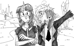 Size: 500x314 | Tagged: safe, artist:stevetwisp, rainbow dash, twilight sparkle, human, horned humanization, humanized, monochrome, necktie, scene interpretation, winged humanization