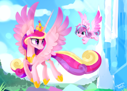Size: 1750x1250 | Tagged: safe, artist:liquorice_sweet, princess cadance, princess flurry heart, alicorn, pony, baby, baby pony, chest fluff, crown, crystal, crystal empire, cute, cutedance, female, filly, flurrybetes, flying, foal, jewelry, looking back, mare, mother and child, mother and daughter, open mouth, parent and child, princess, regalia, smiling