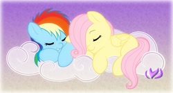 Size: 1000x534 | Tagged: safe, artist:raininess, fluttershy, rainbow dash, pegasus, pony, cloud, filly, sleeping, younger