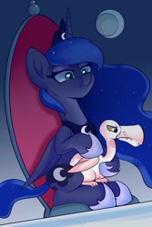 Size: 1181x1772 | Tagged: safe, artist:php97, princess luna, alicorn, pony, sparkle's seven, female, luna petting goose, mare, scene interpretation, sitting, solo