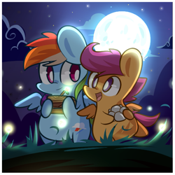 Size: 615x615 | Tagged: safe, artist:php56, rainbow dash, scootaloo, pegasus, pony, chibi, cloud, grass, moon, mountain, night, open mouth, scootalove, smiling