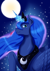 Size: 2894x4093 | Tagged: safe, artist:mantarwolf, princess luna, alicorn, pony, ethereal mane, female, full moon, mare, moon, night, scrunchy face, solo, starry mane