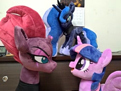 Size: 1024x768 | Tagged: safe, artist:nekokevin, princess luna, tempest shadow, twilight sparkle, twilight sparkle (alicorn), alicorn, pony, unicorn, my little pony: the movie, broken horn, calendar, eye scar, female, grin, hoof shoes, horn, irl, jewelry, looking at each other, mare, open mouth, peytral, photo, plushie, regalia, scar, smiling, spread wings, wings