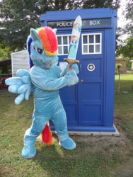 Size: 2448x3264 | Tagged: safe, artist:judhudson, rainbow dash, human, cosplay, fursuit, irl, irl human, photo, solo, sword, tardis