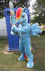 Size: 1232x1920 | Tagged: safe, artist:judhudson, rainbow dash, human, cosplay, fursuit, irl, irl human, photo, solo, sword, tardis