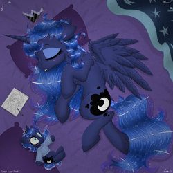 Size: 3500x3500 | Tagged: safe, artist:darkest-lunar-flower, princess luna, oc, alicorn, pony, art, bed, belly button, blanket, clothes, crown, drawing, female, fetal position, jewelry, mare, pencil, pillow, plushie, regalia, ribs, self plushidox, sketch book, sleeping, sparkles, sweater, wings