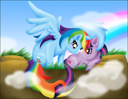 Size: 1269x983 | Tagged: safe, artist:jewlecho, rainbow dash, twilight sparkle, pegasus, pony, unicorn, cloud, female, grass, hug, intertwined tails, lesbian, looking at each other, lying down, mare, outdoors, rainbow, shipping, sitting, sky, spread wings, tail, twidash, winghug, wings