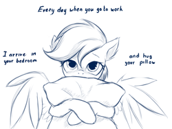 Size: 1024x768 | Tagged: safe, artist:rainbow, derpibooru exclusive, rainbow dash, pegasus, pony, blushing, bronybait, creepy rainbow dash, cute, female, hug, looking at you, mare, monochrome, pillow, pillow hug, simple background, solo, text, white background