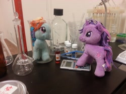 Size: 2048x1536 | Tagged: safe, rainbow dash, twilight sparkle, beaker, chemistry, flask, funrise, irl, laboratory, microbiology, photo, plushie, science