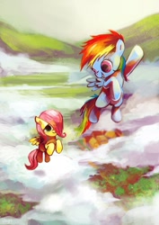 Size: 700x990 | Tagged: safe, artist:amy30535, fluttershy, rainbow dash, pegasus, pony, cloud, female, filly, filly fluttershy, filly rainbow dash, flying, vertigo, younger