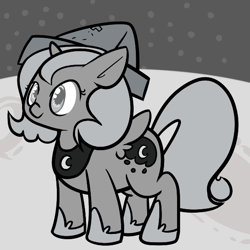 Size: 576x576 | Tagged: safe, artist:iliekturtlez, princess luna, alicorn, pony, black and white, cartographer's cap, cute, female, filly, grayscale, hat, hoof shoes, lunabetes, monochrome, moon, moonstuck, peytral, solo, woona, younger