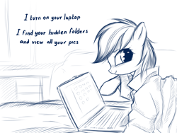 Size: 1024x768 | Tagged: safe, artist:rainbow, rainbow dash, pegasus, pony, bed, blushing, bronybait, clothes, creepy rainbow dash, female, laptop computer, looking at you, mare, monochrome, shirt, simple background, smiling, solo, text
