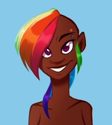 Size: 848x942 | Tagged: safe, artist:tychosexual, rainbow dash, human, bare shoulder portrait, bust, dark skin, humanized, mohawk, piercing, portrait, solo, undercut