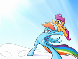 Size: 1000x750 | Tagged: safe, artist:averagedraw, rainbow dash, scootaloo, pegasus, pony, cloud, epic filly tossing, fastball special, female, filly, gritted teeth, holding a pony, mare, this will end in tears and/or death, this will end in tears and/or death and/or covered in tree sap