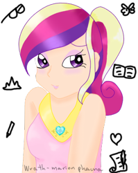 Size: 355x446 | Tagged: safe, artist:wrath-marionphauna, princess cadance, human, blushing, clothes, cutie mark, digital art, dress, humanized, jewelry, makeup, ponytail, regalia, simple background, solo, transparent background