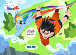 Size: 1045x765 | Tagged: safe, artist:darkereve, rainbow dash, pegasus, pony, anime, crossover, dragon ball z, flying, race, son goku, trail