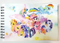 Size: 1024x746 | Tagged: safe, artist:kayan_n, applejack, fluttershy, pinkie pie, princess cadance, princess celestia, rainbow dash, rarity, twilight sparkle, alicorn, earth pony, pegasus, pony, unicorn, mane six, traditional art, watercolor painting