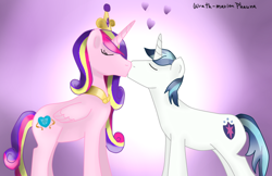 Size: 776x502 | Tagged: safe, artist:wrath-marionphauna, princess cadance, shining armor, alicorn, pony, unicorn, digital art, eyes closed, heart, kissing, love, shipping