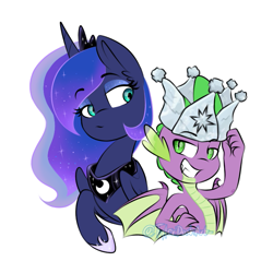 Size: 733x733 | Tagged: safe, artist:tylerdashart, princess luna, spike, alicorn, dragon, pony, sparkle's seven, crown, female, hard-won helm of the sibling supreme, mare, smiling, winged spike