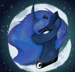 Size: 1280x1240 | Tagged: safe, artist:feathershine1, princess luna, alicorn, pony, bust, crown, curved horn, cute, head only, horn, jewelry, lunabetes, moon, peytral, portrait, profile, regalia, solo