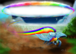 Size: 546x387 | Tagged: safe, rainbow dash, pegasus, pony, goggles, rainbow, solo, sonic rainboom