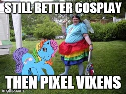 Size: 320x240 | Tagged: safe, rainbow dash, rainbow dash (g3), human, g3, background pony strikes again, cosplay, image macro, irl, irl human, photo