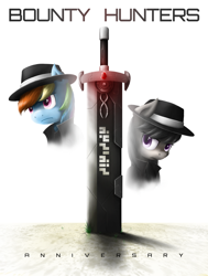 Size: 1536x2036 | Tagged: safe, artist:jasper77wang, octavia melody, rainbow dash, earth pony, pegasus, pony, bounty hunters, cover, fanfic, hat, sword