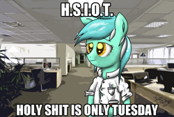 Size: 1644x1108 | Tagged: safe, artist:zsparkonequus, lyra heartstrings, rainbow dash, barely pony related, clothes, coffee, computer, meme, office, sad, solo, vulgar