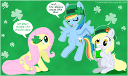 Size: 900x540 | Tagged: safe, artist:toontwins, derpy hooves, fluttershy, rainbow dash, pegasus, pony, female, mare, saint patrick's day