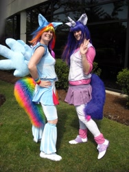 Size: 2448x3264 | Tagged: safe, artist:toontwins, rainbow dash, twilight sparkle, human, cosplay, irl, irl human, photo, tail