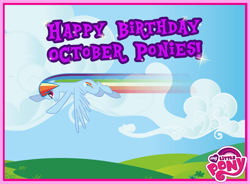 Size: 720x531 | Tagged: safe, rainbow dash, pegasus, pony, birthday, flying, happy birthday, october, official, rainbow, solo, text