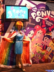 Size: 1520x2048 | Tagged: safe, artist:ladymella, rainbow dash, human, equestria girls, clothes, cosplay, dress, gala dress, irl, irl human, my little pony logo, photo, san diego comic con, solo