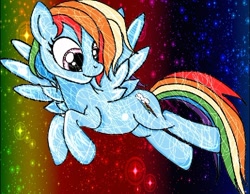 Size: 532x413 | Tagged: safe, artist:elisabethianna, rainbow dash, pegasus, pony, blue coat, female, mare, multicolored mane, solo, space