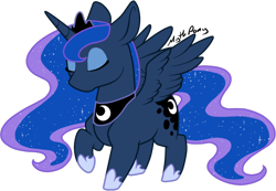 Size: 696x482 | Tagged: safe, artist:mythpony, princess luna, alicorn, pony, chibi, eyes closed, raised hoof, simple background, solo, transparent background