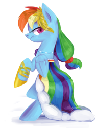 Size: 900x1200 | Tagged: safe, artist:sion, rainbow dash, pegasus, pony, bipedal, clothes, dress, female, gala dress, jewelry, looking at you, mare, necklace, pose, rainbow dash always dresses in style, signature, simple background, solo, standing, white background