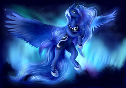 Size: 5800x4042 | Tagged: safe, artist:pabelka-belka, princess luna, alicorn, pony, absurd resolution, armor, aurora borealis, ethereal mane, female, flying, hair over one eye, jewelry, looking at you, mare, night, regalia, smiling, solo, spread wings, starry mane, starry wings, wings