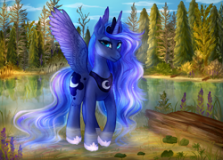 Size: 3200x2300 | Tagged: safe, alternate version, artist:pabelka-belka, princess luna, alicorn, pony, day, ethereal mane, female, forest, jewelry, lake, lidded eyes, looking at you, mare, regalia, solo, spread wings, starry mane, wings