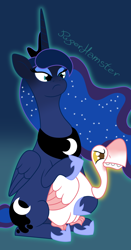 Size: 1692x3232 | Tagged: safe, artist:puperhamster, princess luna, alicorn, pony, sparkle's seven, luna petting goose, petting, solo