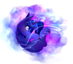 Size: 813x713 | Tagged: safe, artist:dddreamdraw, princess luna, alicorn, pony, curled up, ethereal mane, ethereal wings, female, glowing horn, horn, lineless, mare, missing cutie mark, princess balluna, profile, solo, wings