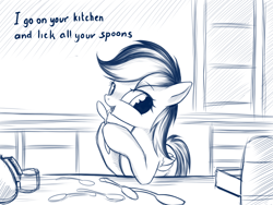 Size: 1024x768 | Tagged: safe, artist:rainbow, rainbow dash, pegasus, pony, bronybait, creepy, creepy rainbow dash, cute, dialogue, engrish, female, kitchen, licking, mare, monochrome, pure unfiltered evil, solo, spoon, stalker, why