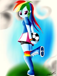 Size: 768x1024 | Tagged: safe, artist:jabbie64, rainbow dash, equestria girls, clothes, football, looking back, looking down, raised leg, signature, skirt, solo, sports