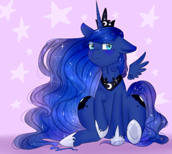 Size: 5000x4500 | Tagged: safe, artist:mojmojsanna, princess luna, alicorn, pony, :<, crown, cute, ethereal mane, female, floating wings, floppy ears, hoof shoes, jewelry, lunabetes, mare, neck fluff, regalia, sitting, solo, starry mane, stars, wings