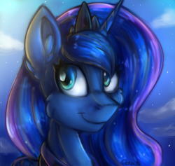 Size: 690x655 | Tagged: safe, artist:deraniel, princess luna, alicorn, pony, bust, cheek fluff, cloud, crown, cute, ear fluff, jewelry, lunabetes, portrait, regalia, solo